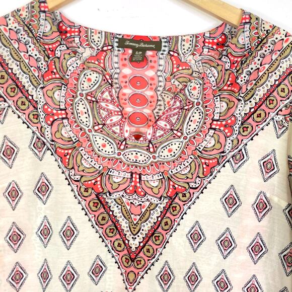TOMMY BAHAMA Silk Blend Boho Kaftan Tunic 3/4 Sleeve Pink Geometic Hippie Sz S - Picture 2 of 9